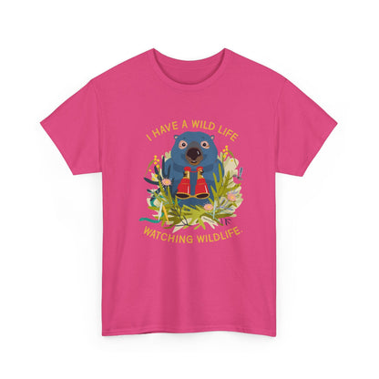 Pink t-shirt with a wombat graphic and text on a white background