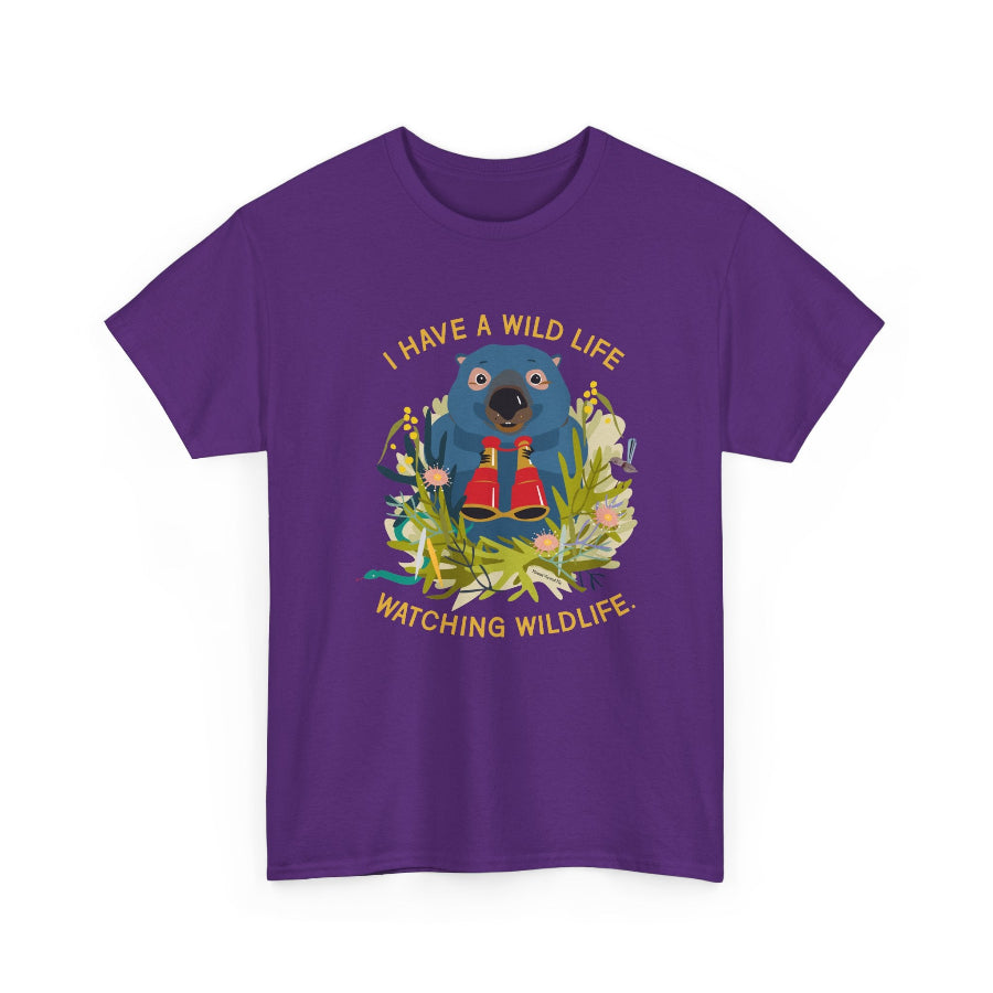 Purple t-shirt with a wombat graphic and text on a white background