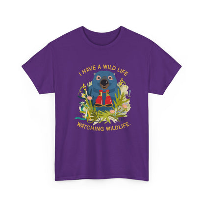 Purple t-shirt with a wombat graphic and text on a white background
