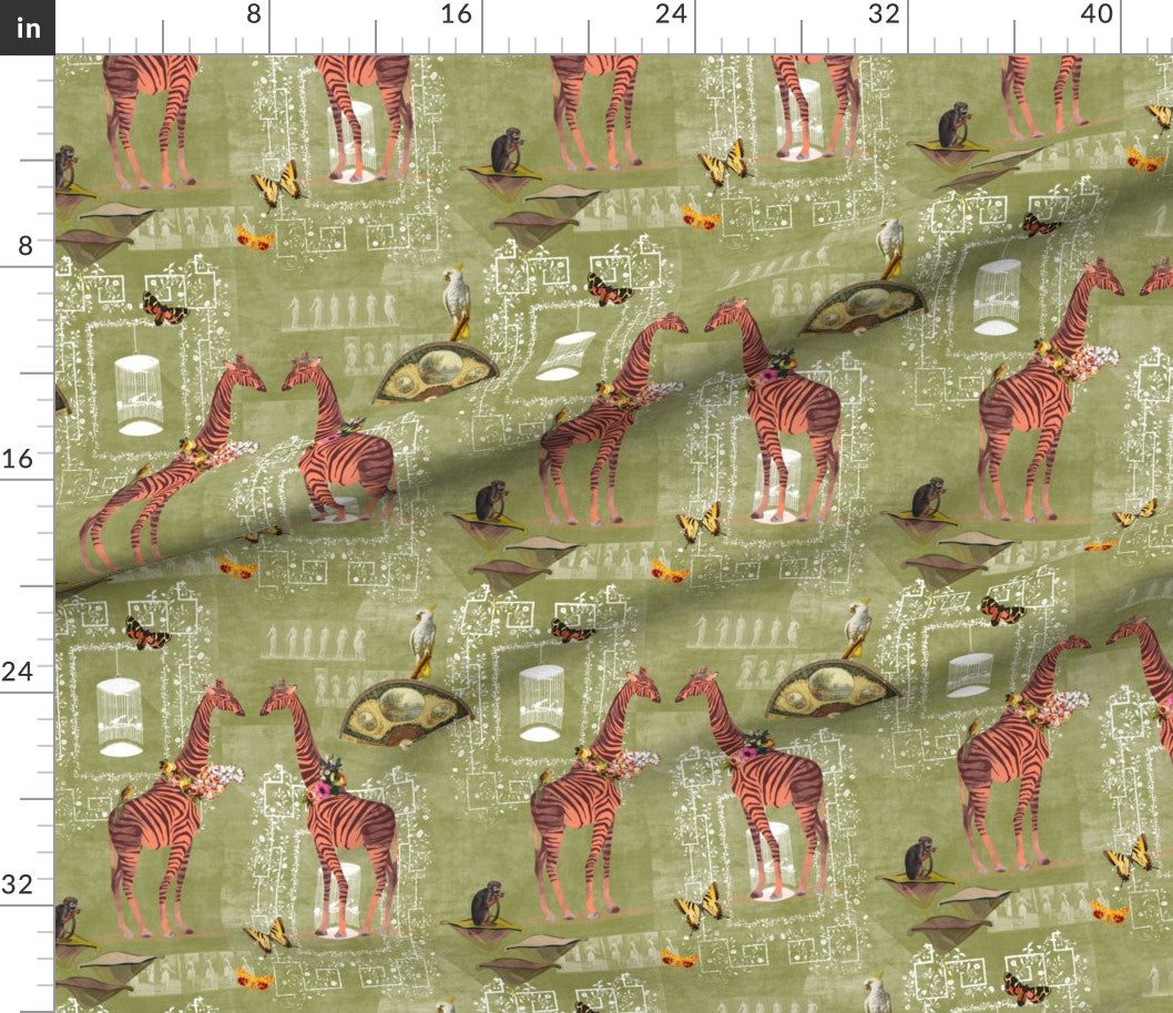 Zebra Giraffes wild olive fabric RTS