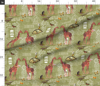 Zebra Giraffes wild olive fabric RTS