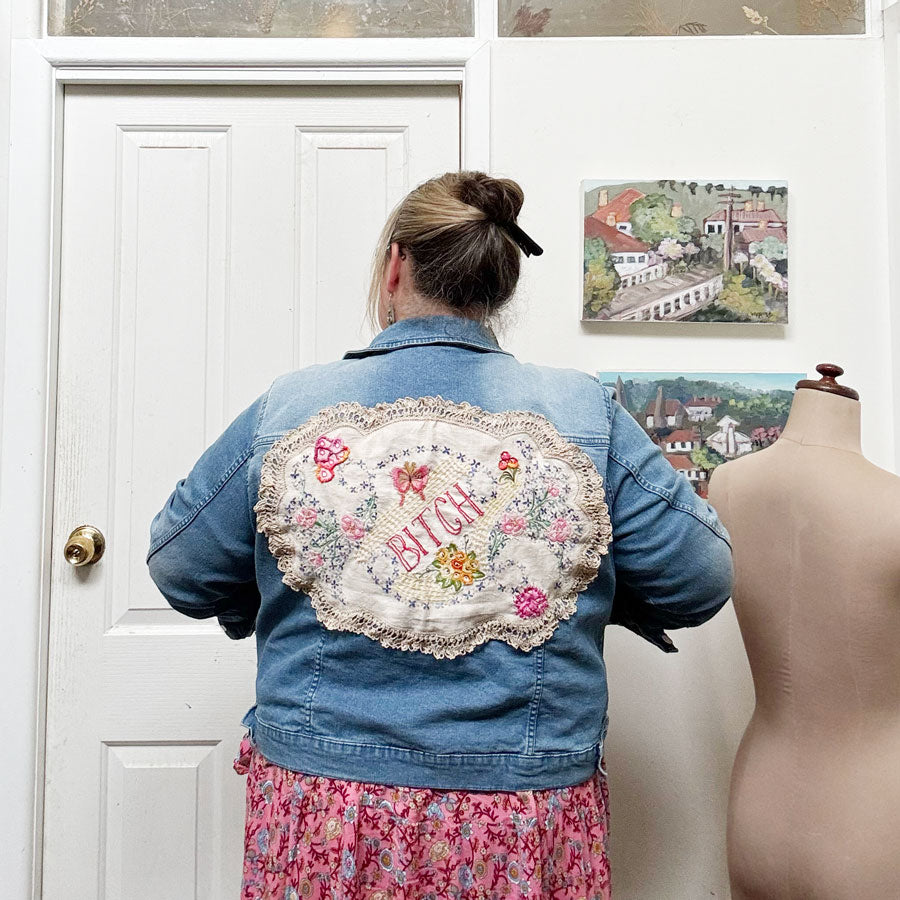 sz 22 rude embroidered doily denim jacket