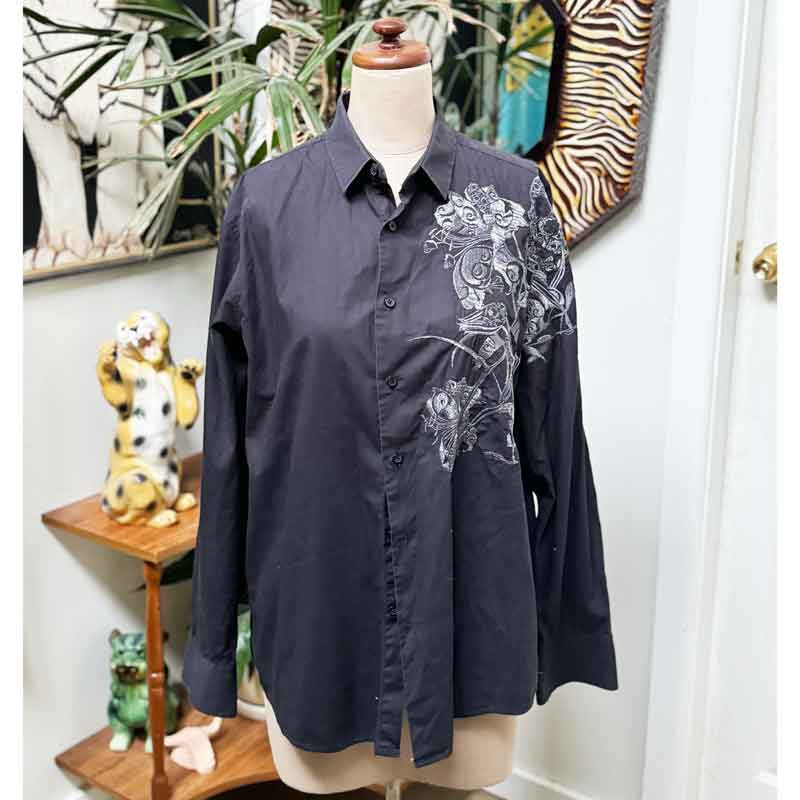 sz L black embroidered mens cotton shirt