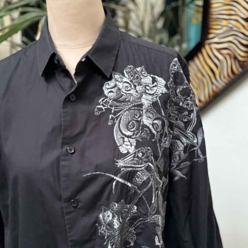 sz L black embroidered mens cotton shirt