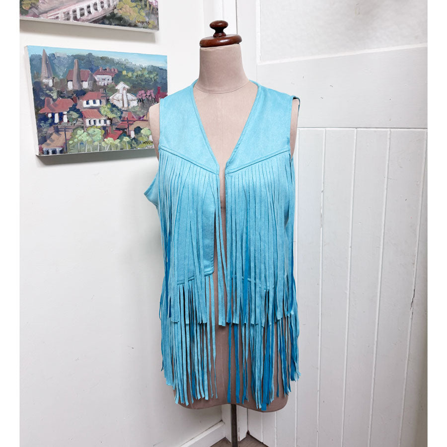 sz XL blue fringed vest