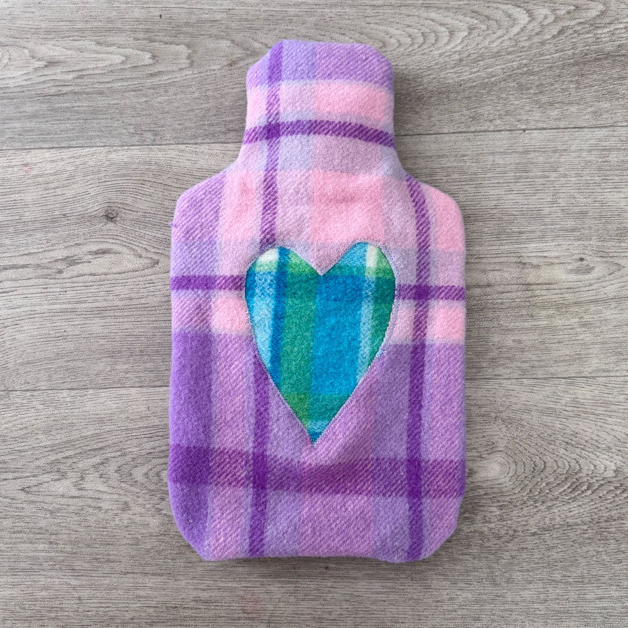 Blue heart on purple hot water bottle cover