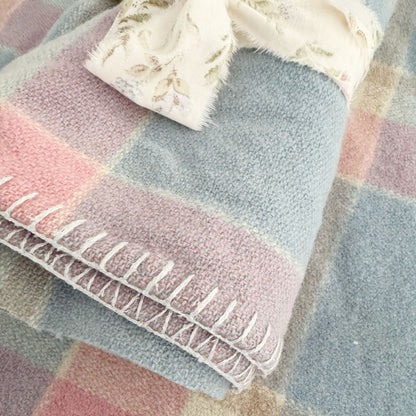 Blue pink check wool blanket remnant