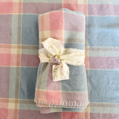 Blue pink check wool blanket remnant