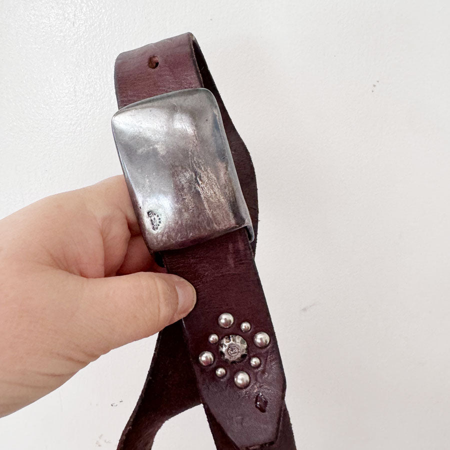 sz 32 brown silver leather buckle belt