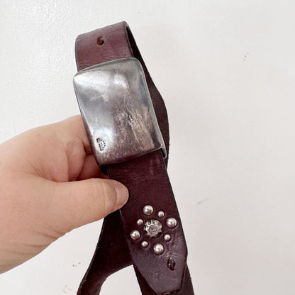 sz 32 brown silver leather buckle belt