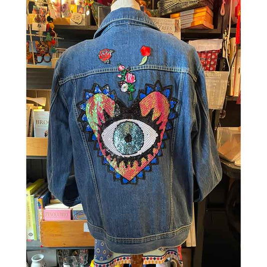 sz XL Eye Spy embroidered upcycled jacket