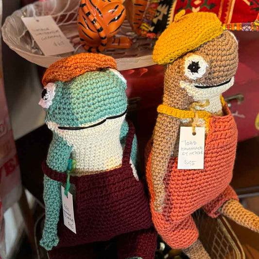 Frog and Toad handmade knitted dolls