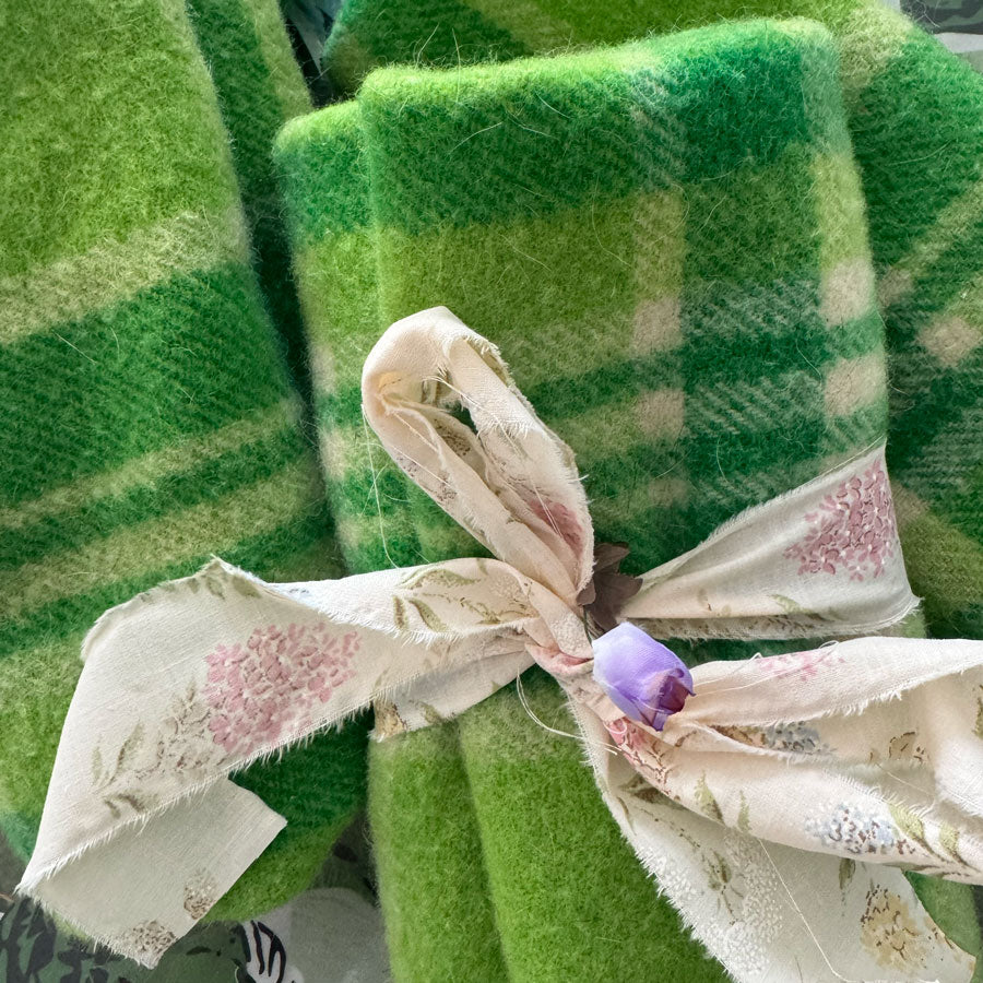 Frog green check wool blanket remnant
