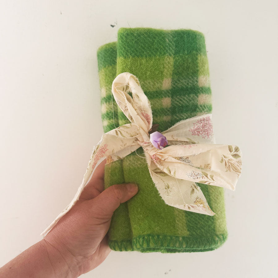 Frog green check wool blanket remnant