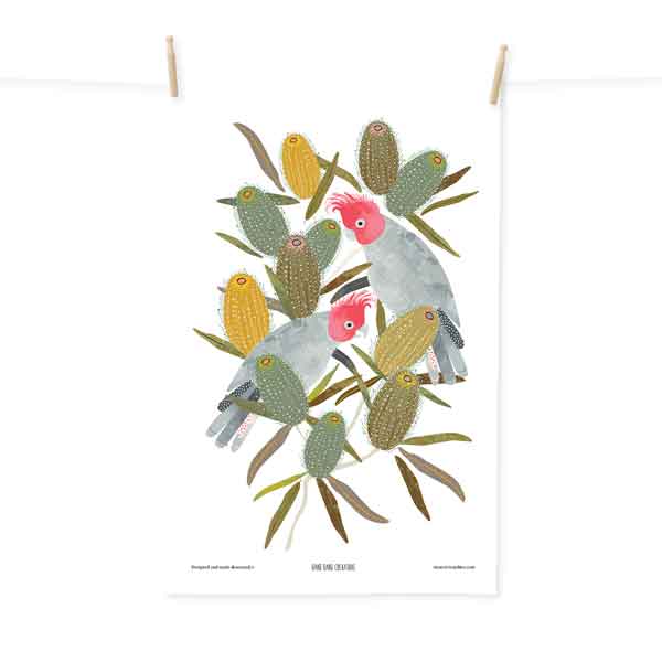 Gang Gang Cockatoos and Banksias tea towel