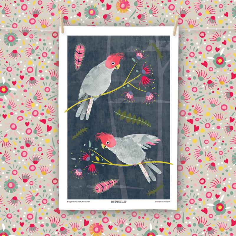 Gang Gang Cockatoos on grey tea towel