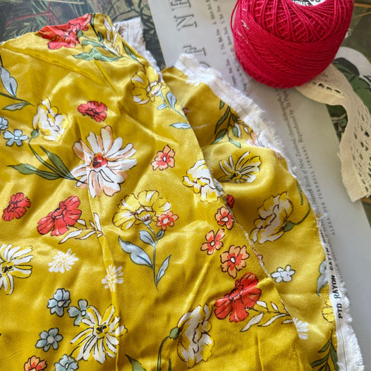 Gold floral satin rayon fabric