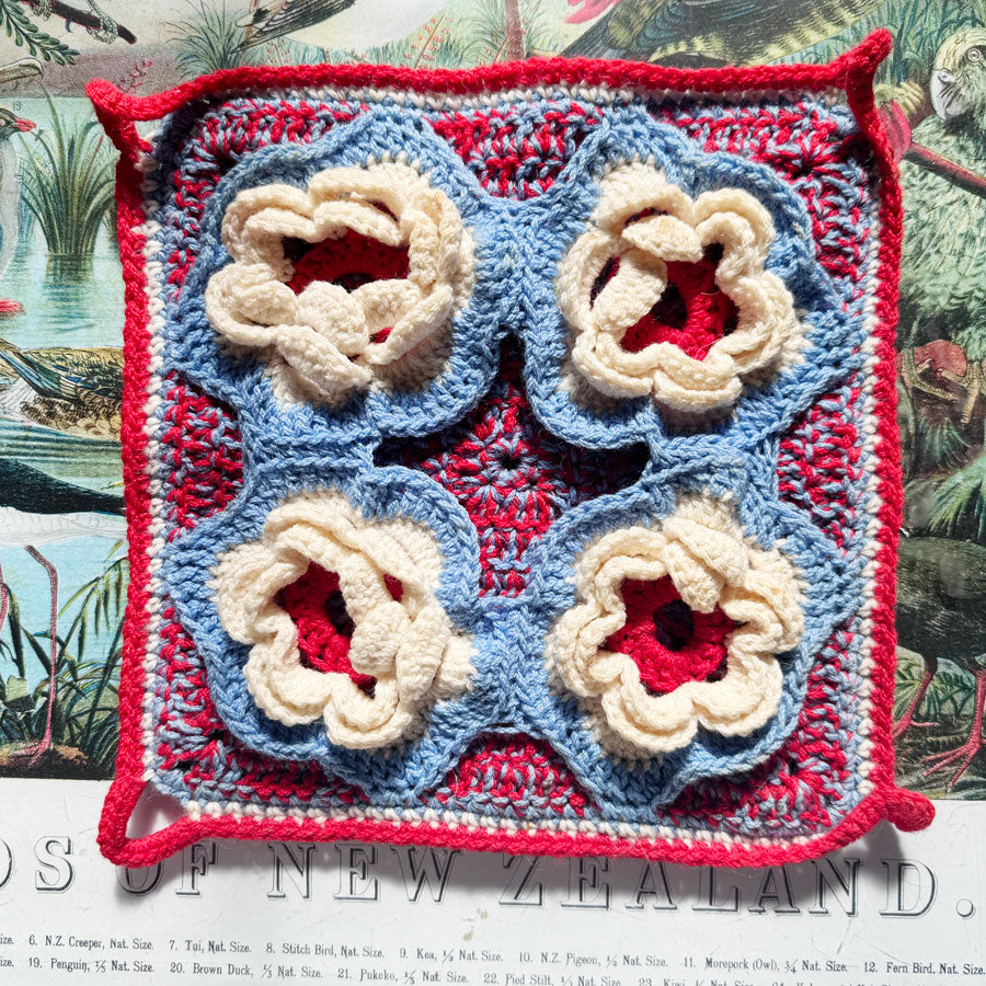 Red blue square flower doilie