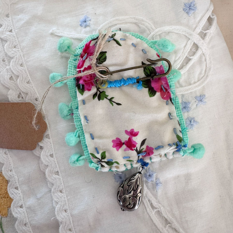 Green floral slow stitched brooch