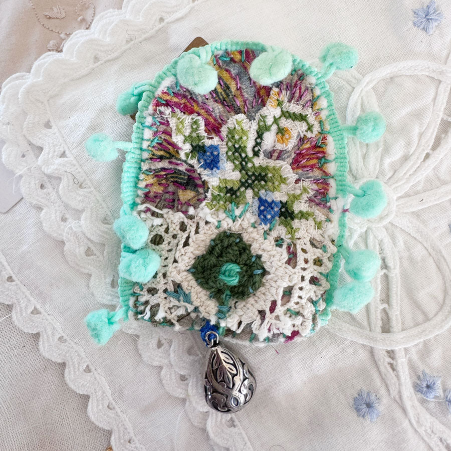 Green floral slow stitched brooch