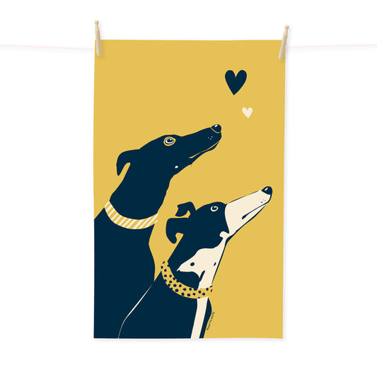 Greyhound Love yellow navy tea towel LIMITED EDITION