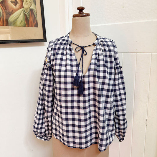 sz 4 navy check embroidered blouse