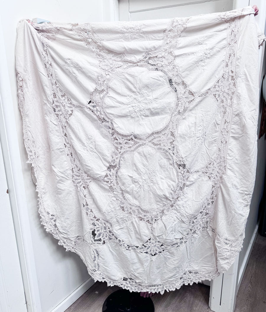 Huge cream embroidered lace tablecloth