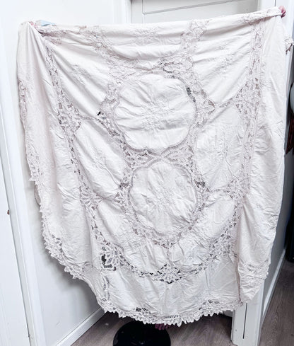 Huge cream embroidered lace tablecloth
