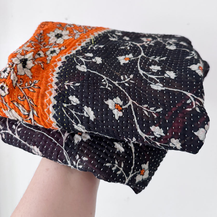 Blanket : navy orange kantha quilt remnant