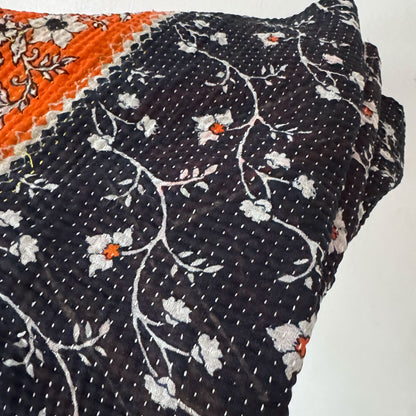 Blanket : navy orange kantha quilt remnant