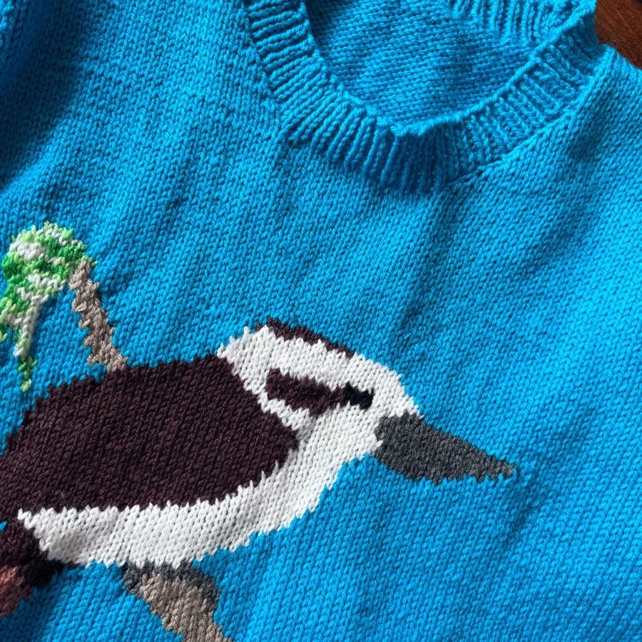Kookaburra teal hand knitted jumper