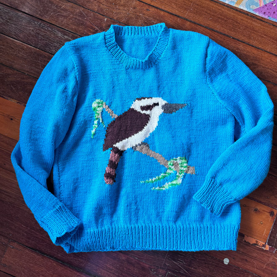 Kookaburra teal hand knitted jumper