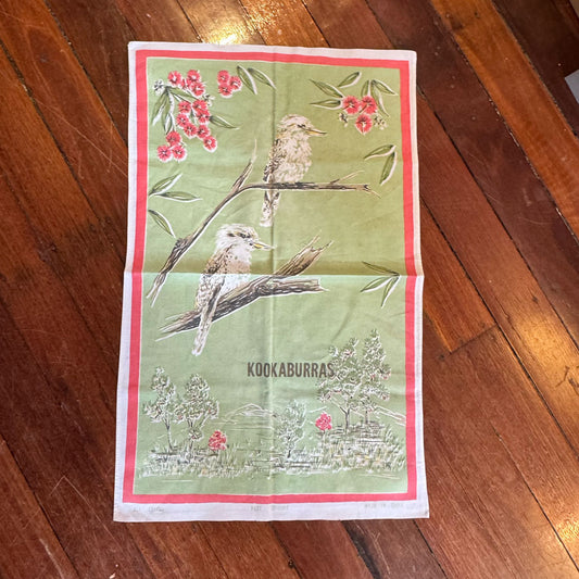 Kookaburra vintage green tea towel
