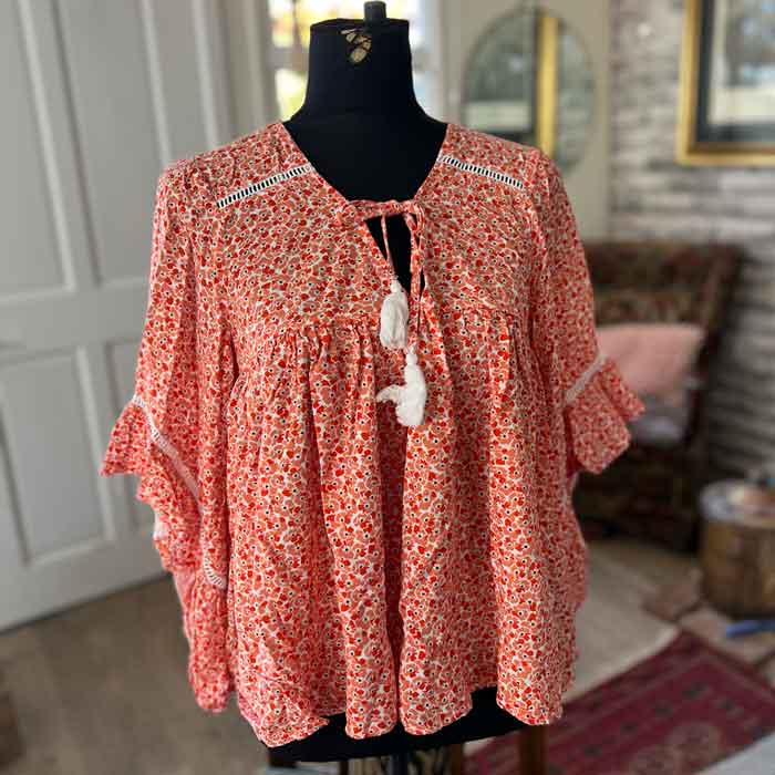 sz L Orange floral boho blouse