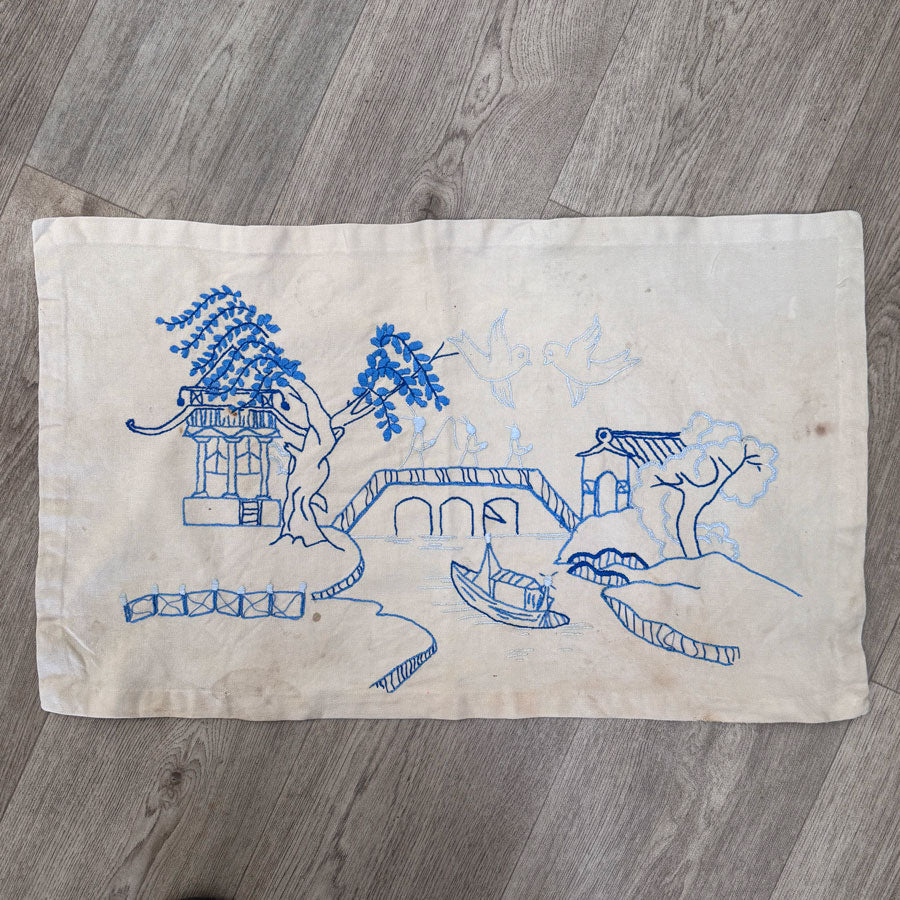 Blue pagoda embroidered cloth
