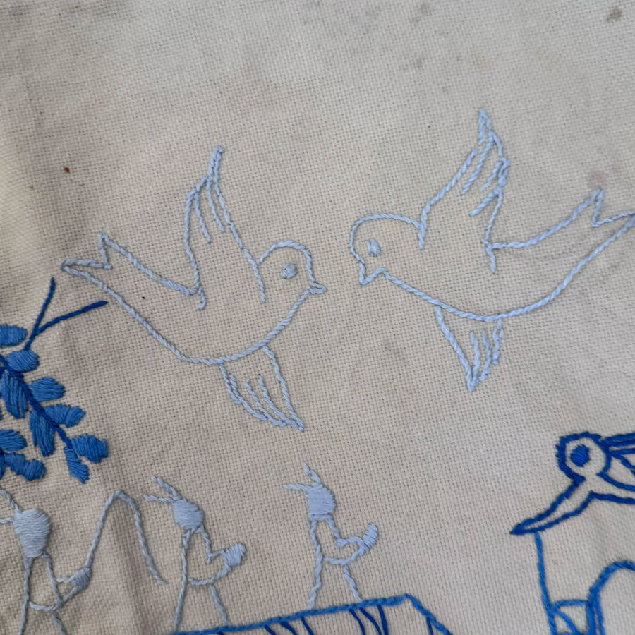Blue pagoda embroidered cloth