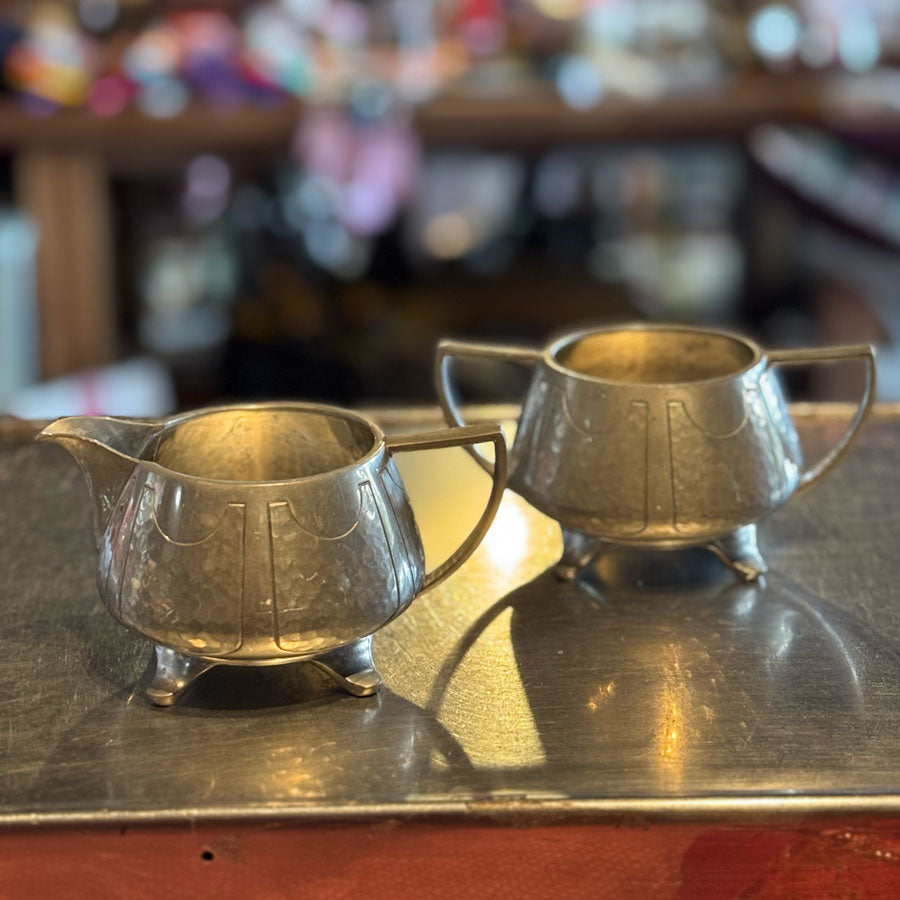 Pewter creamer and sugar bowl set