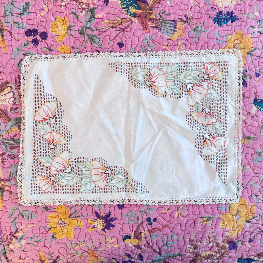 Large orange floral rectangular doilie