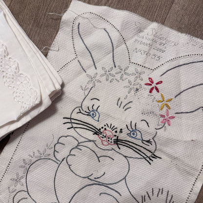 Rabbit doilie and pillowcase