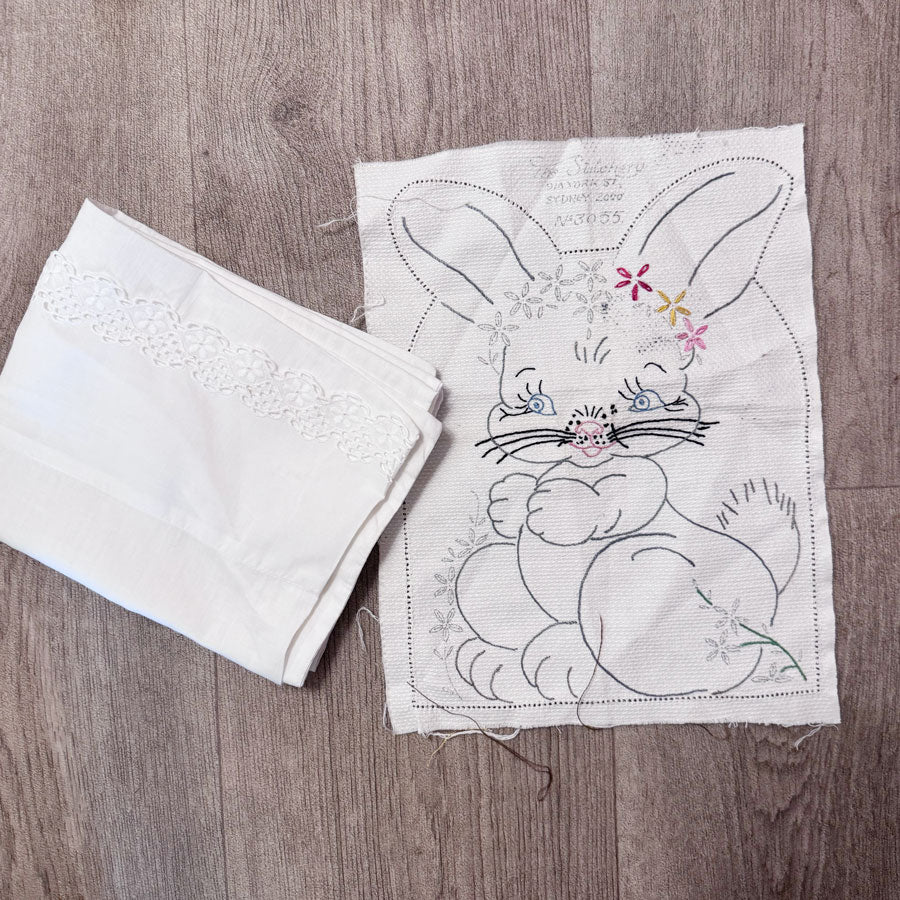 Rabbit doilie and pillowcase