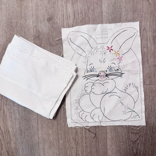 Rabbit doilie and pillowcase