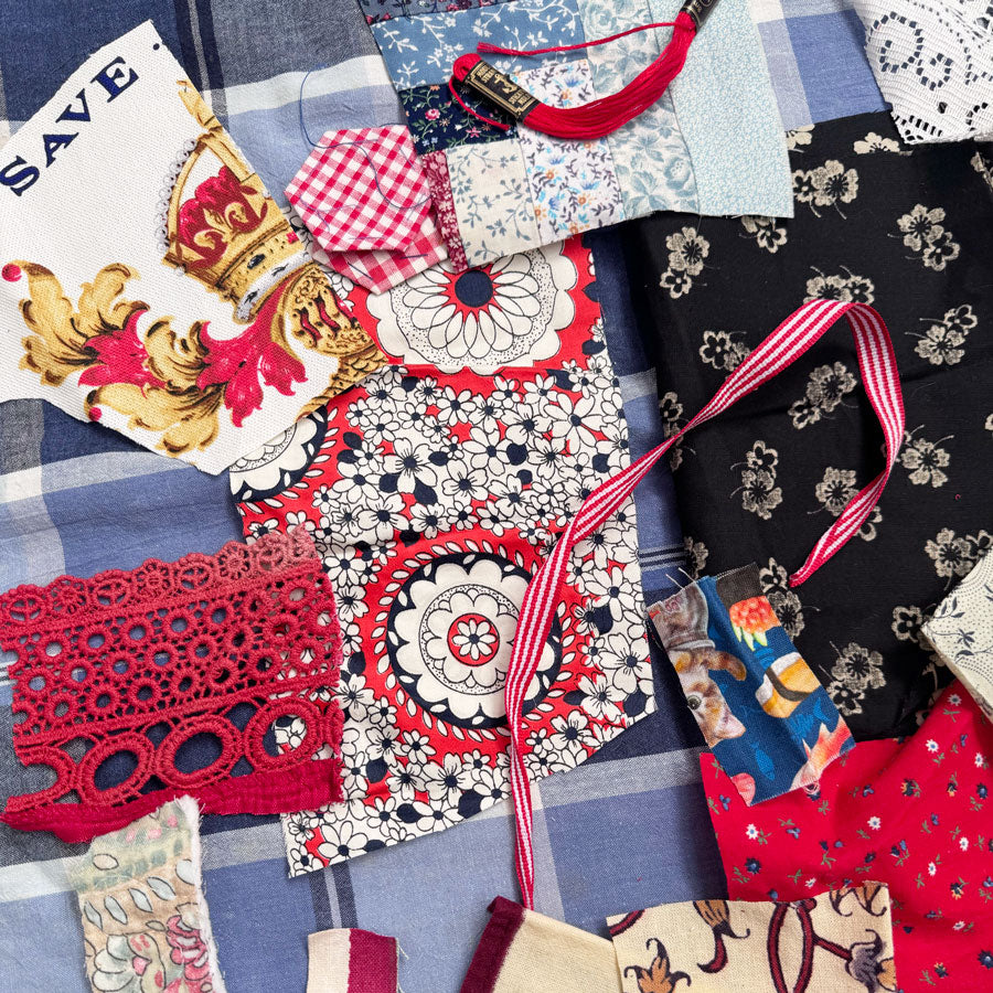 Slow stitch red and blue fabric pack