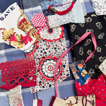 Slow stitch red and blue fabric pack