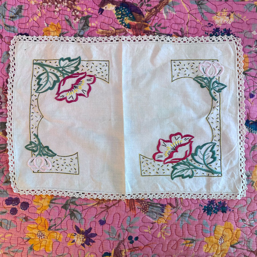 Large red floral rectangular doilie