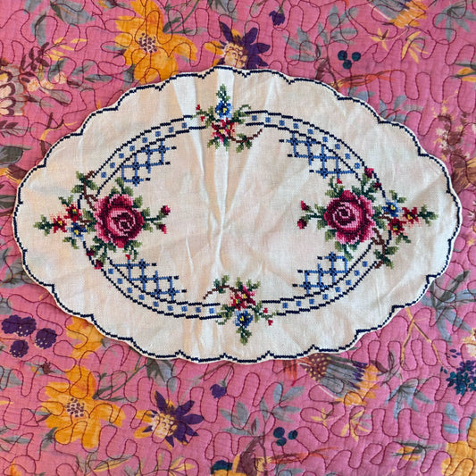 Large rose embroidered doilie