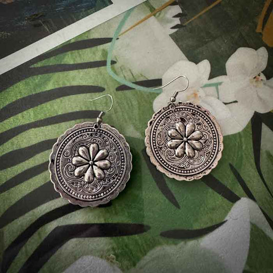 Silver boho round disc earrings