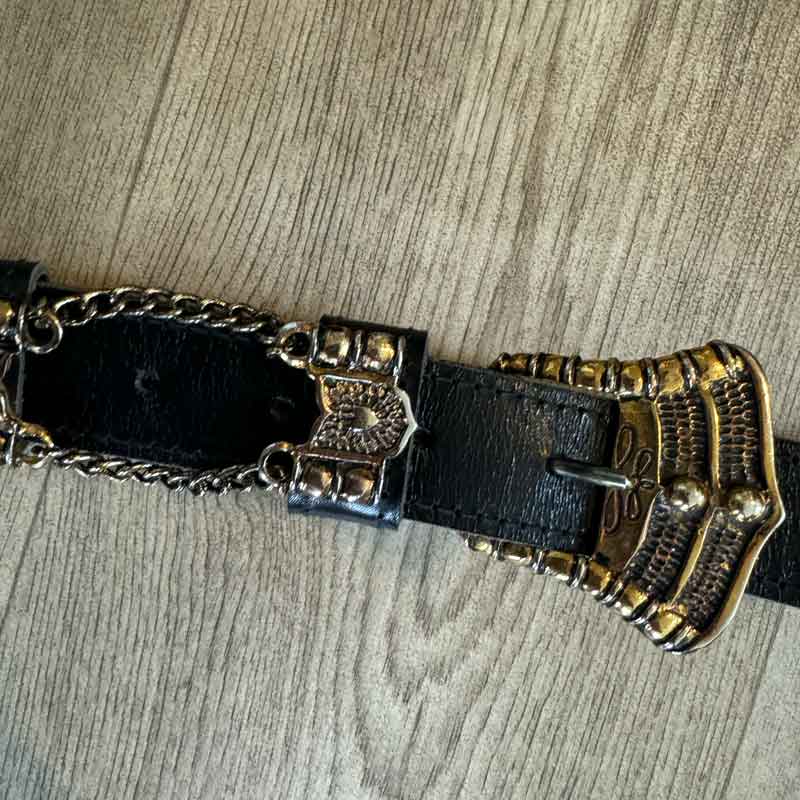 Black gold blingy chain faux leather belt