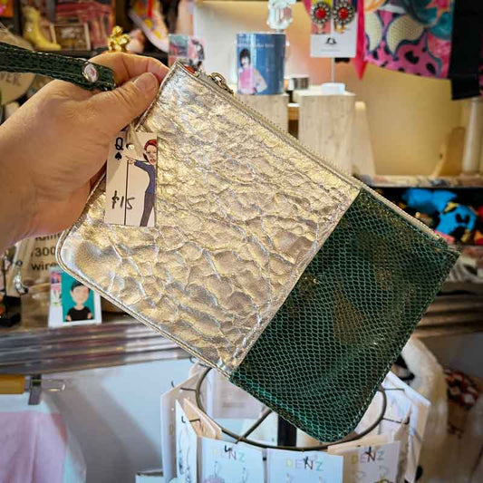 Silver green snakeskin clutch