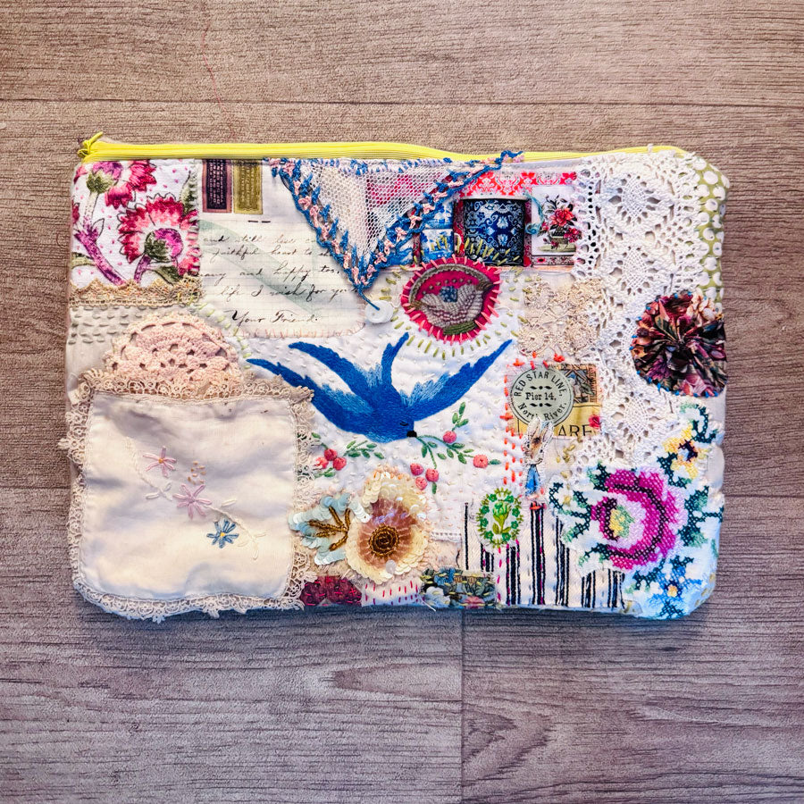 Sweet bird slow stitched pouch