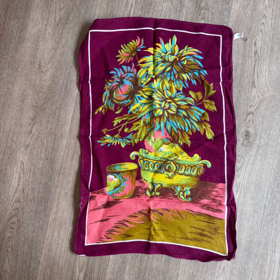Retro maroon still life tea towel